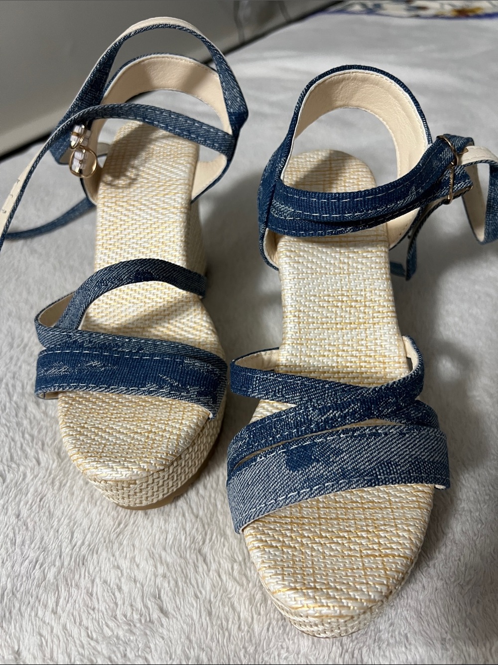 Denim Strappy Wedge Sandals - Blue
